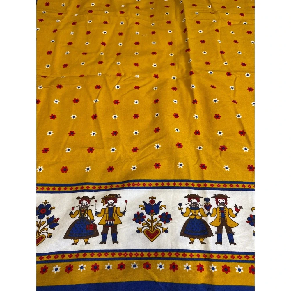 Vintage Made in Austria Cotton Tablecloth Mustard Yellow Folk Art Figural Border